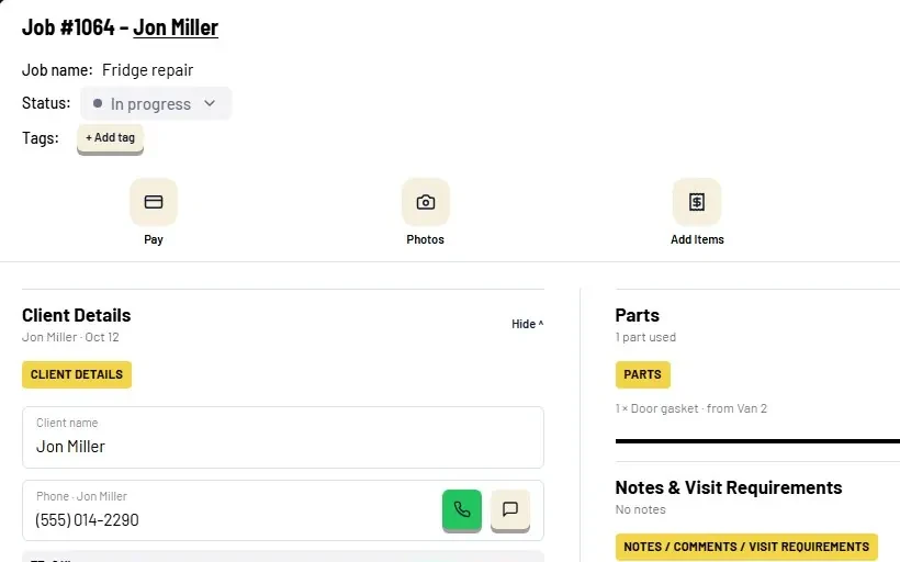 Servorio app: Job screen on site