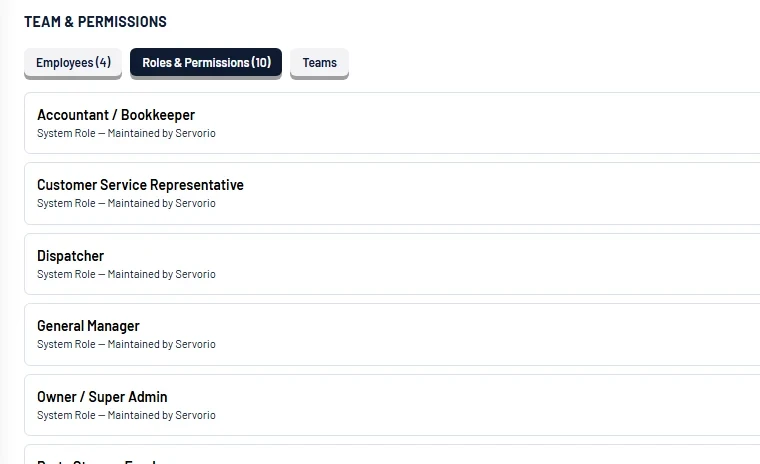 Servorio app screen: Roles and permissions