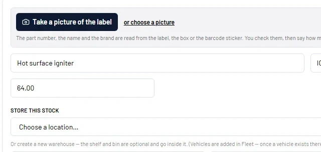 Servorio app screen: Add part: take a picture of the label