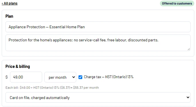 Plan name, price and billing settings