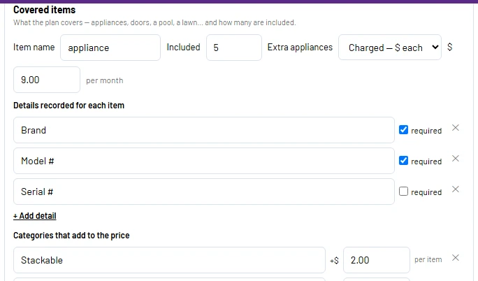 Service plan with covered items, included count and extra-item price