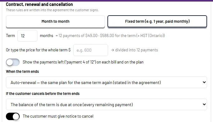 Contract term, renewal and cancellation rules