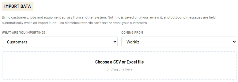 Servorio import screen: choose what you are importing and where it is coming from
