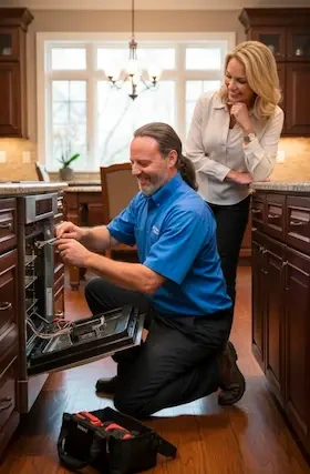 Appliance repair technician fixing a wall oven while the homeowner watches