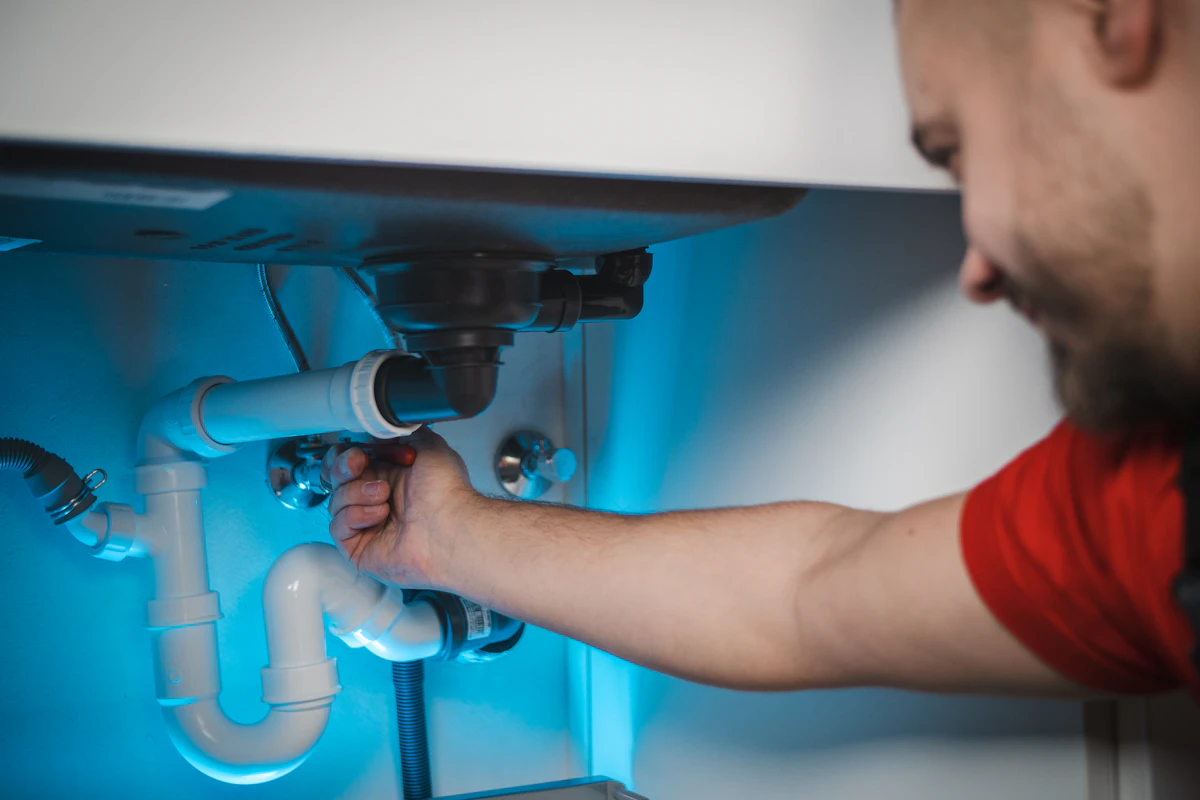 Plumber fixing pipes under a bathroom sink